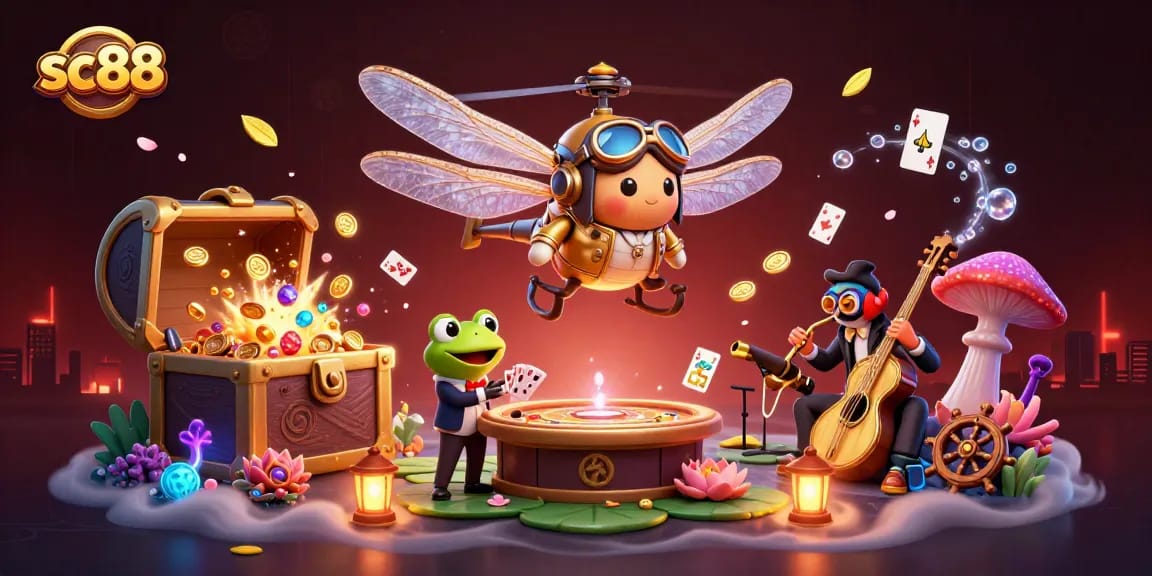 Engage in thrilling sc88 gaming with a dynamic casino scene featuring a dragonfly helicopter pilot and frog croupier.