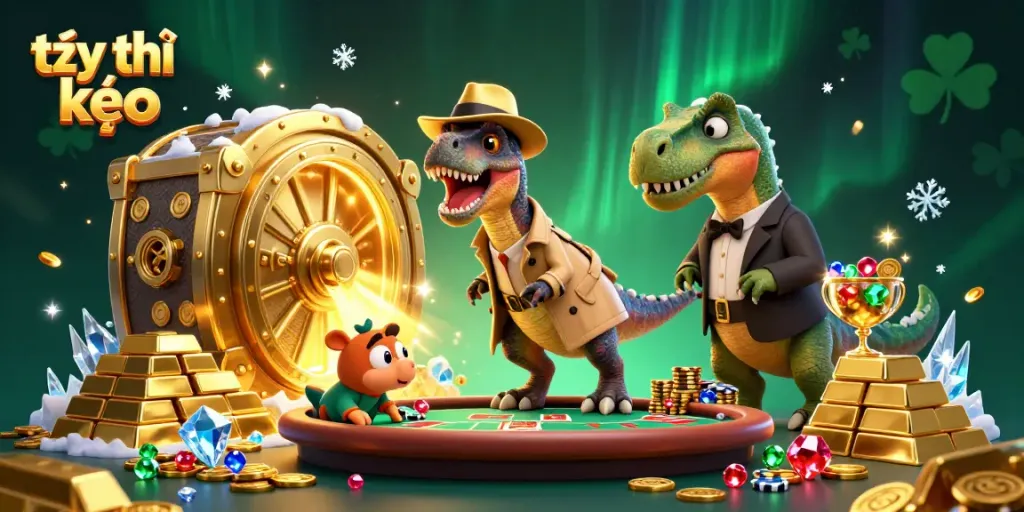 Experience the thrill of tỷ lệ kèo with a playful velociraptor card counter at a blackjack table in a vibrant casino scene.