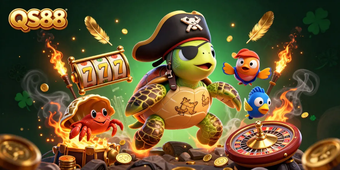 Experience the thrill of QS88 with dynamic 3D casino elements featuring slot reels and pirate-themed characters.