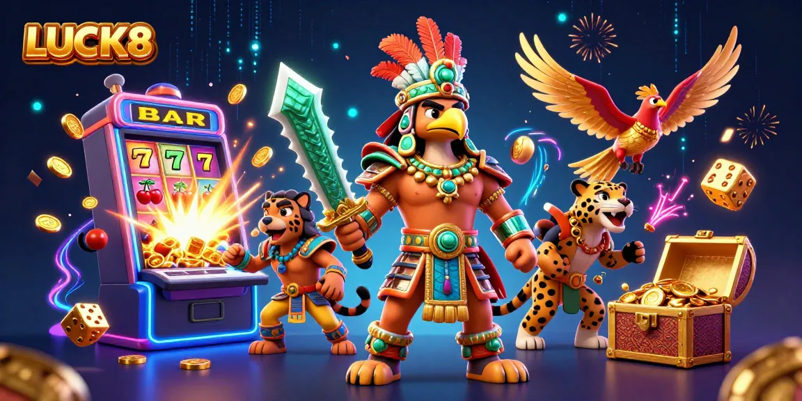 LUCK8 showcases a vibrant casino scene with warriors and dynamic game elements, ideal for online gambling excitement.
