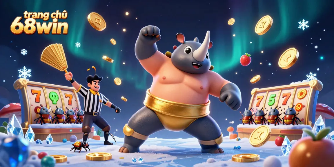 Experience excitement with trang chủ 68win as the sumo beetle champion triumphantly sends coins flying in this vibrant casino scene.