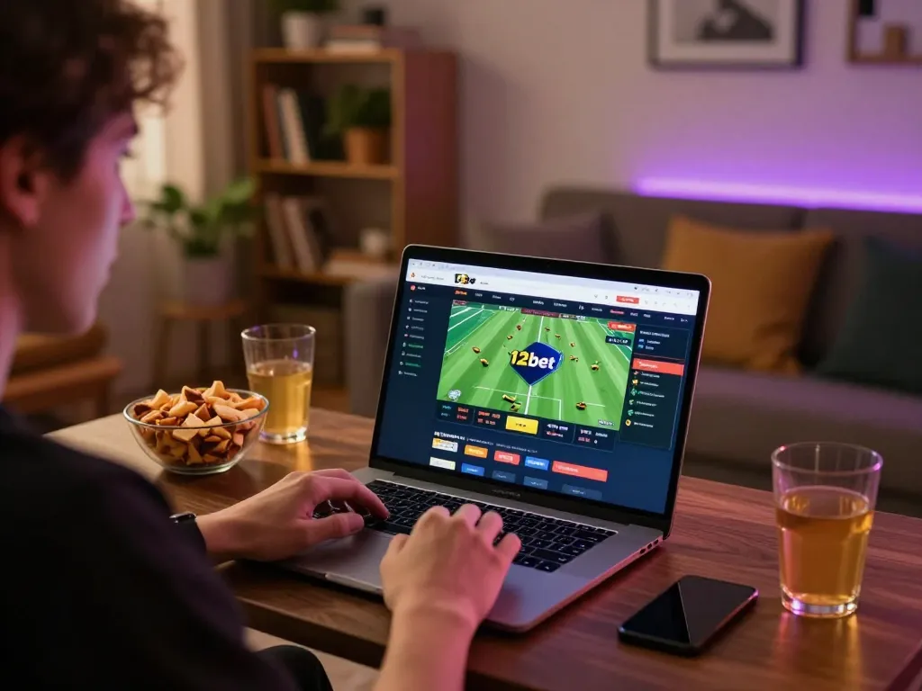 Người chơi tương tác với giao diện cá cược thể thao trực tuyến 12bet trên máy tính xách tay trong một không gian ấm cúng tại nhà