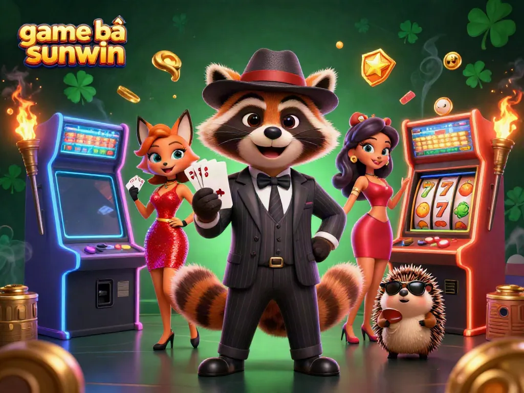 Experience exciting game bài sunwin in a vibrant 3D illustration of casino characters and arcade games.