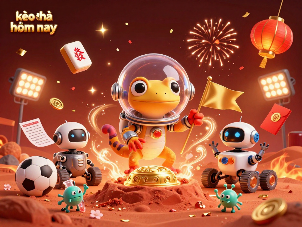 Bet on kèo nhà cái hôm nay with vibrant Martian gecko, sports elements, and dynamic casino visuals.