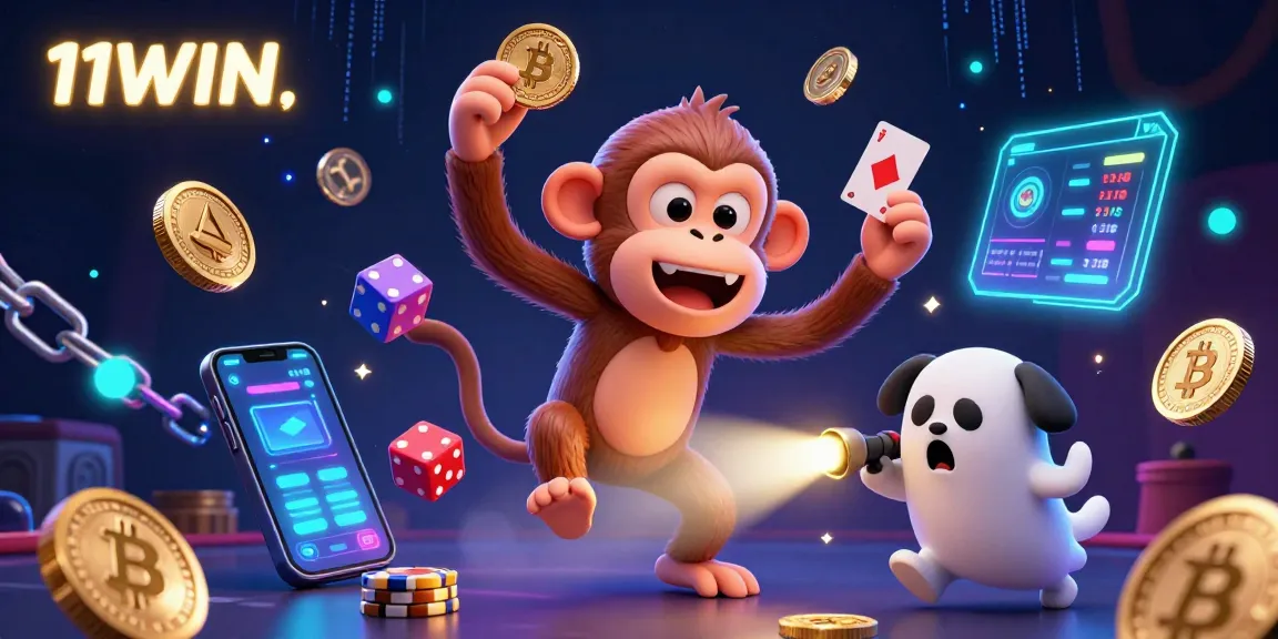 Engage with 11WIN's vibrant haunted casino scene featuring a mischievous monkey and a curious puppy.