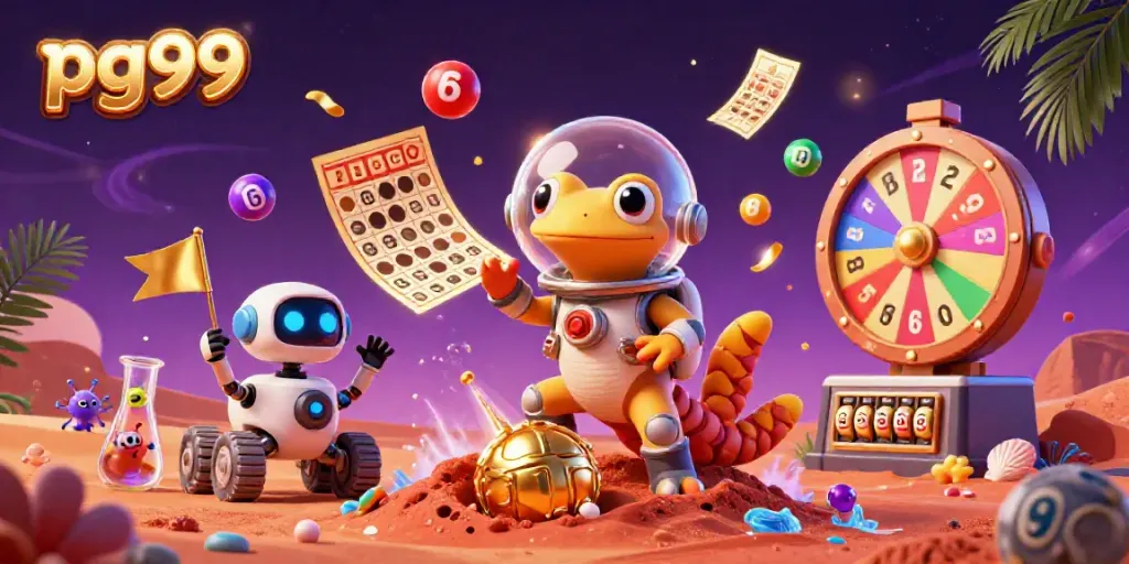 Experience thrilling gaming with pg99's vibrant casino scene featuring alien characters.