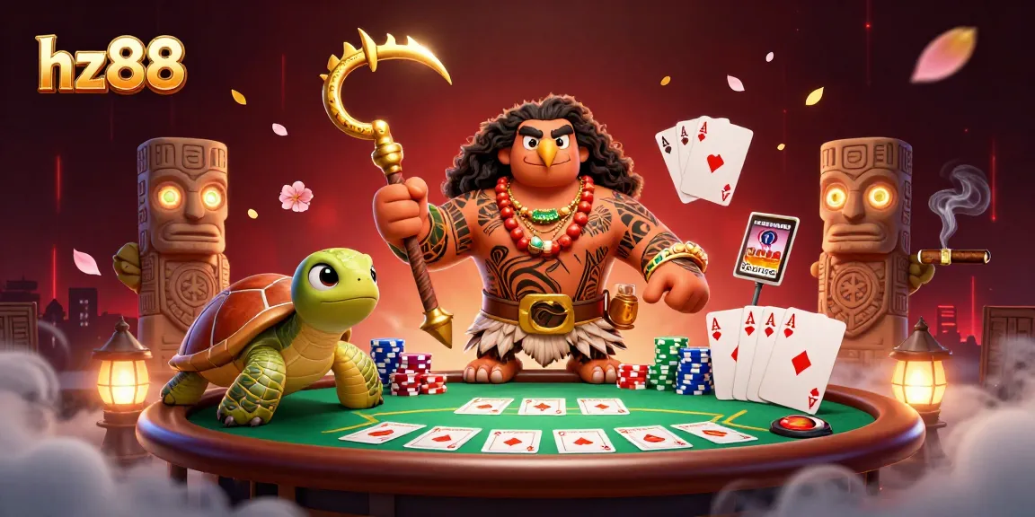 Join the thrilling action at hz88's poker table, illuminated by tiki statues and vibrant casino elements.