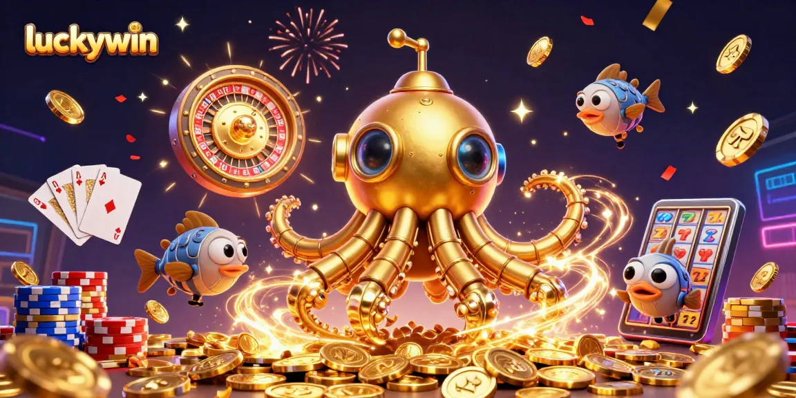 Spin to win at luckywin with a golden kraken submarine and mechanical fish in a casino gem explosion.