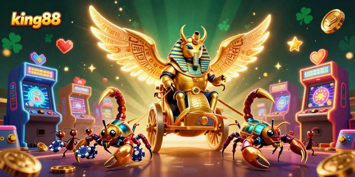 Experience king88 excitement with a dynamic scene of a colossal scarab beetle and scorpions in a casino game setting.