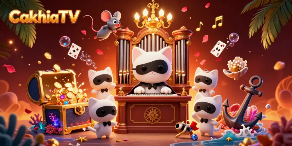 CakhiaTV showcases a 3D phantom cat playing organ with dynamic casino elements and gold coins
