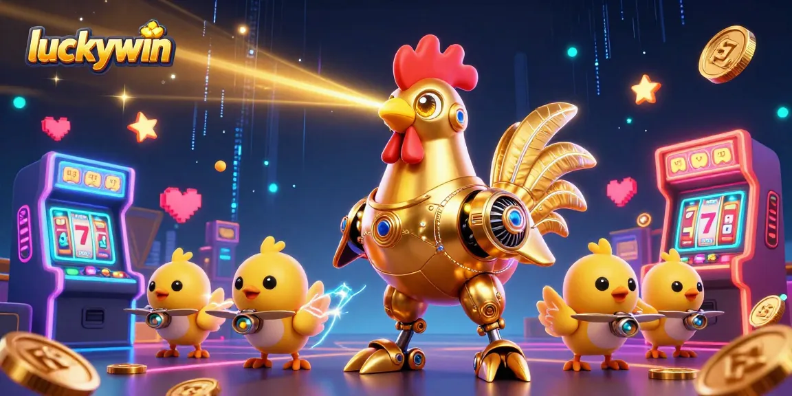 Join the fun at luckywin with a dynamic scene featuring a golden rooster robot amidst vibrant gaming elements!