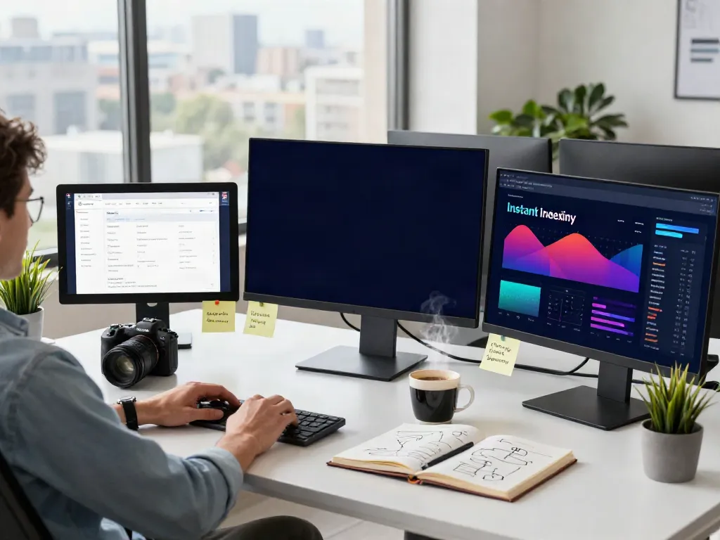 Professional workspace illustrating the instant indexing process with analytical tools and marketing strategies.