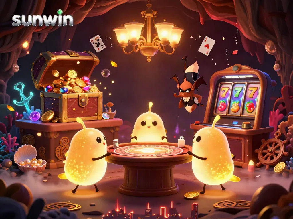 Experience the vibrant sunwin casino scene with glowworms lighting up the game tables and slot reels.