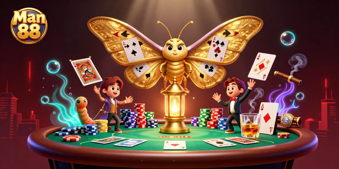 Engage in excitement with Man 88 as the moth illuminates poker strategies under casino lights.