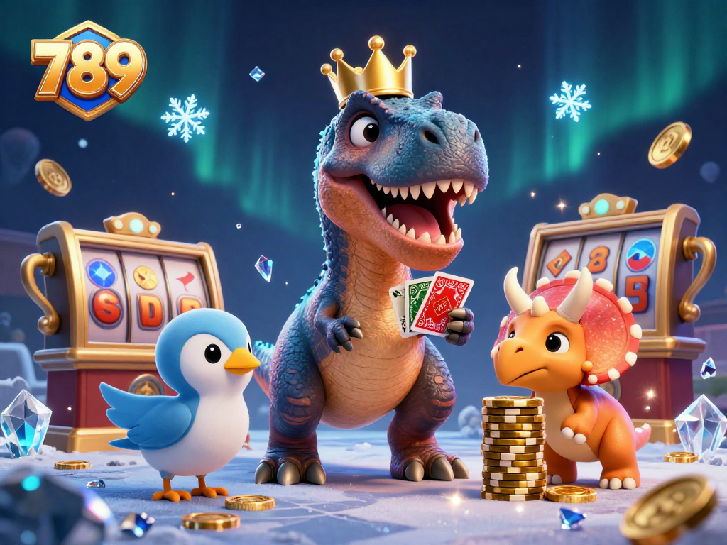 789 casino characters playfully engaging in card games and stacking chips, capturing the excitement of gaming.