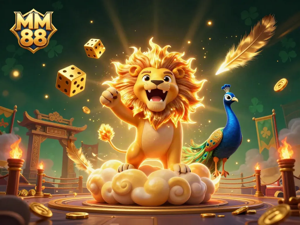 Engaging MM 88 gambling scene with a roaring lion, dynamic dice, and peacock in a vibrant casino setup.