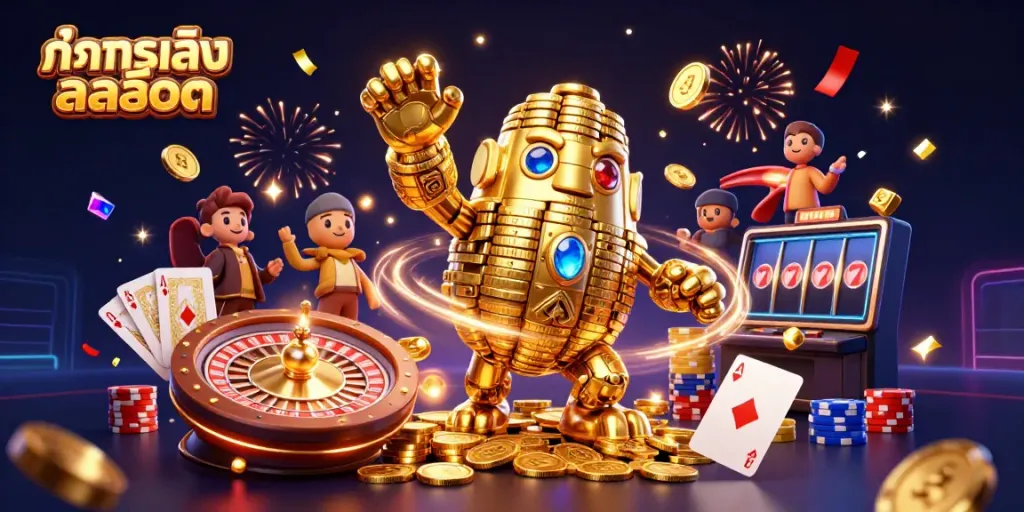 Play ทดลองเล่นสล็อต with exciting games in a vibrant casino illustration featuring a golden golem.