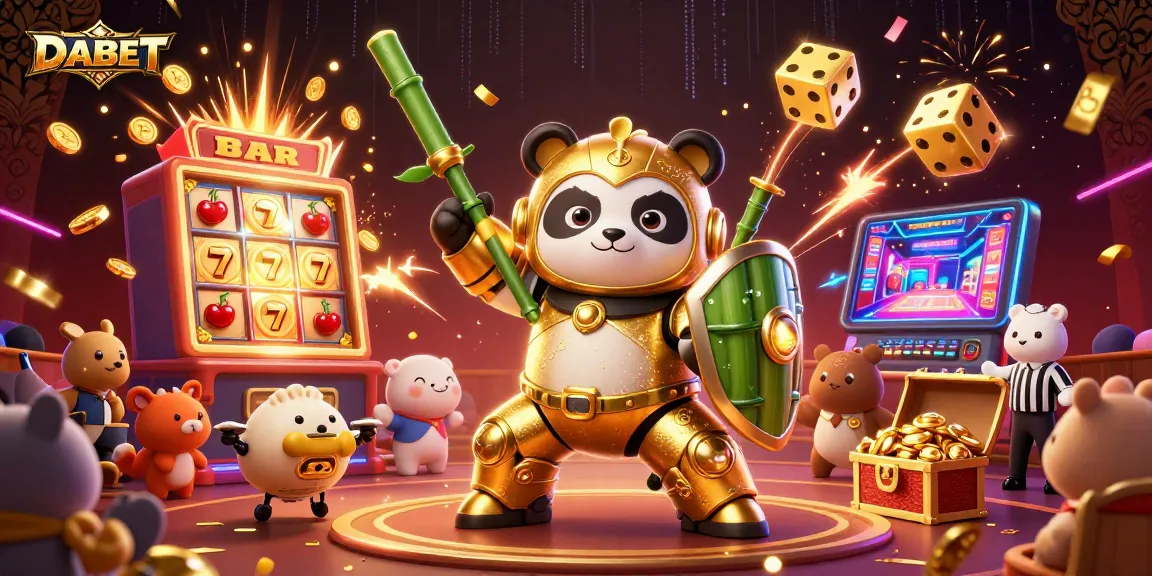 DABET challenges luck with a vibrant gaming scene featuring a golden panda in a mech-suit.