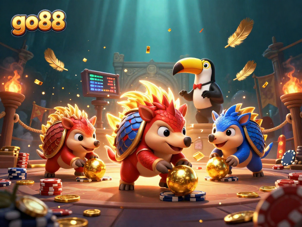 go88 pangolins compete in a vibrant casino scene with poker chips and golden scales amidst an engaging backdrop.