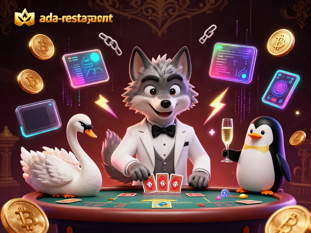 Engage with the lively ada-restaurant scene featuring a luxurious baccarat table hosted by a debonair wolf.