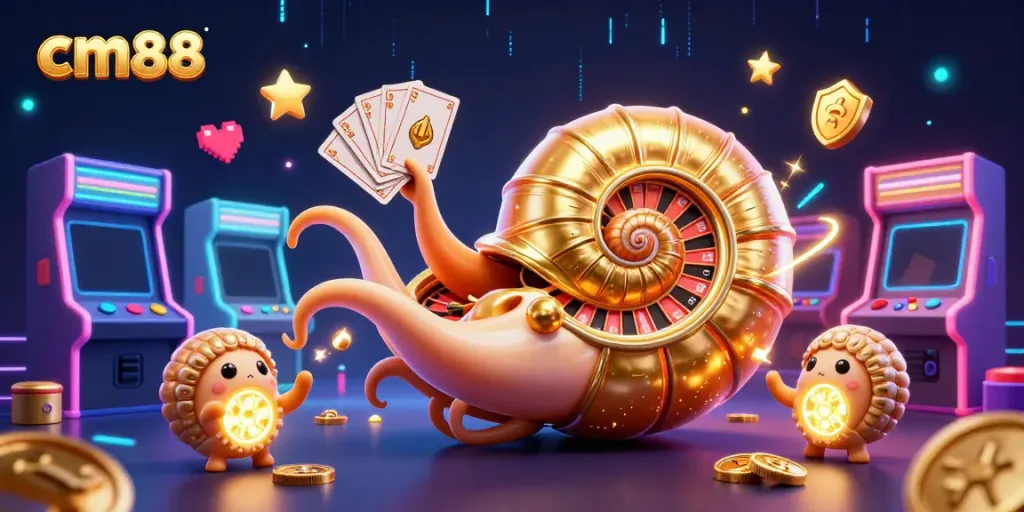 Engaging scene with cm88's giant nautilus roulette character and glowing ammonites in a vibrant casino atmosphere.