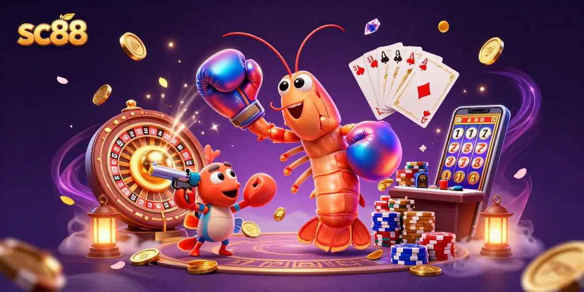 Experience thrilling gaming at sc88 with an adventurous shrimp trio celebrating wins in a vibrant casino.