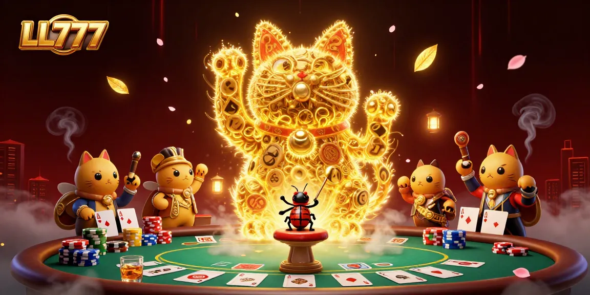 Experience the thrill of gaming at LL777 with dynamic casino symbols and golden lucky cat.