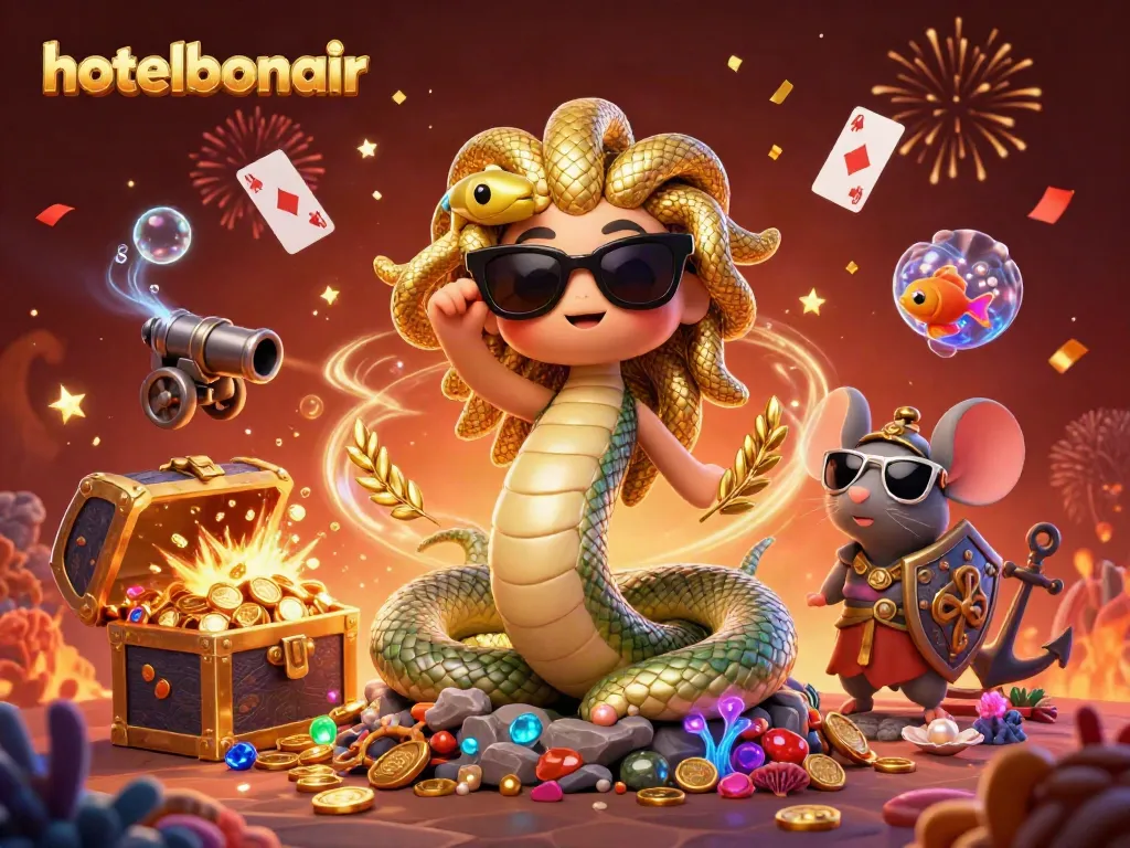 Join the fun at hotelbonair with Medusa and friends celebrating amidst treasures and festive décor.