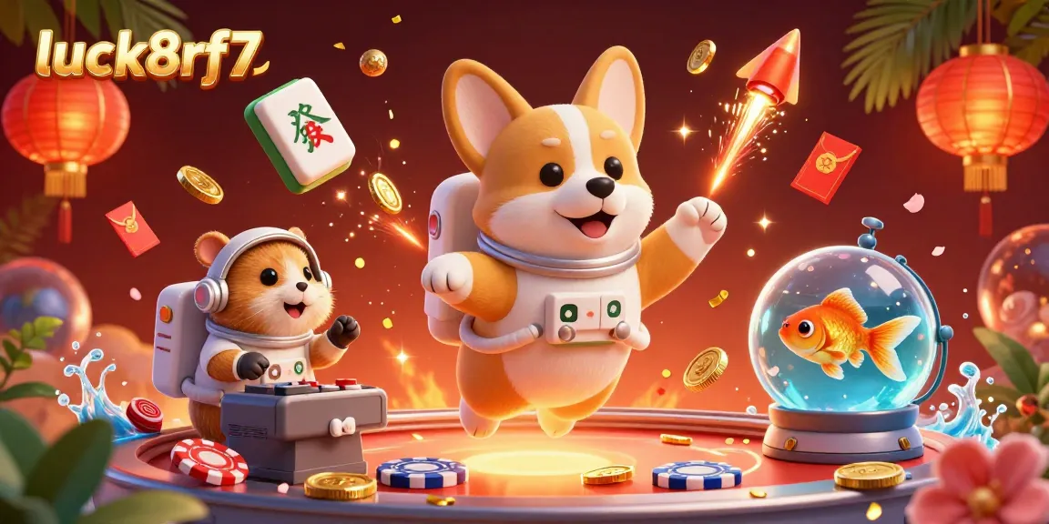 Engage with luck8rf7's casino adventure featuring a floating corgi and vibrant casino elements.