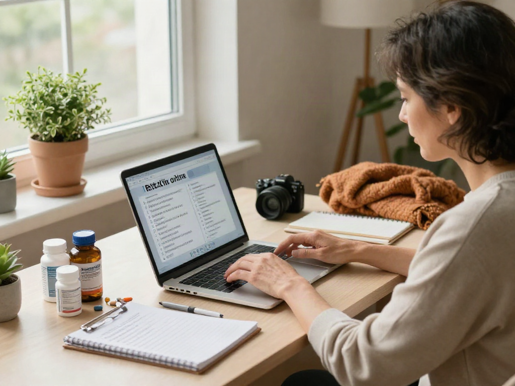 Buy Ritalin online with a person researching in a cozy home office.