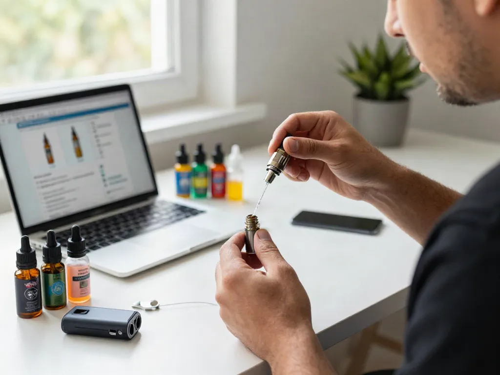 Demonstrating how to prime a vape coil with e-liquids and tools in a bright home setting.