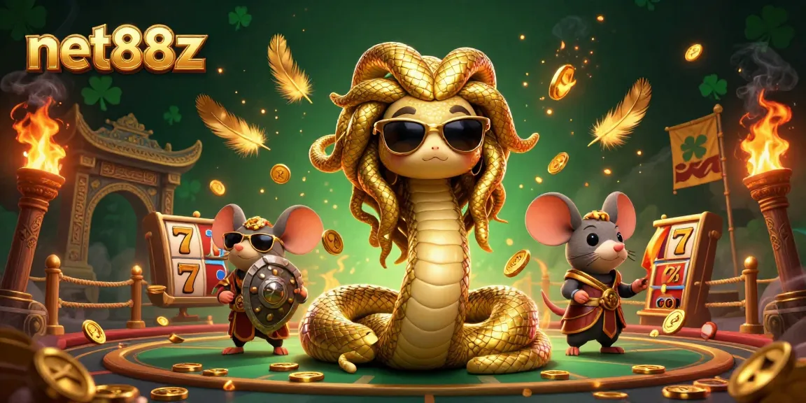 Join net88z in a lively casino scene with Medusa and a warrior mouse amidst golden coins and slot machines.