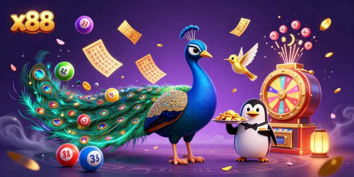 x88 players enjoying vibrant games with colorful lottery balls, a peacock, and a butler in a dynamic casino scene.