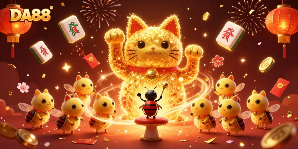 Experience DA88 with enchanting golden fireflies and vibrant casino symbols in a festive illustration.