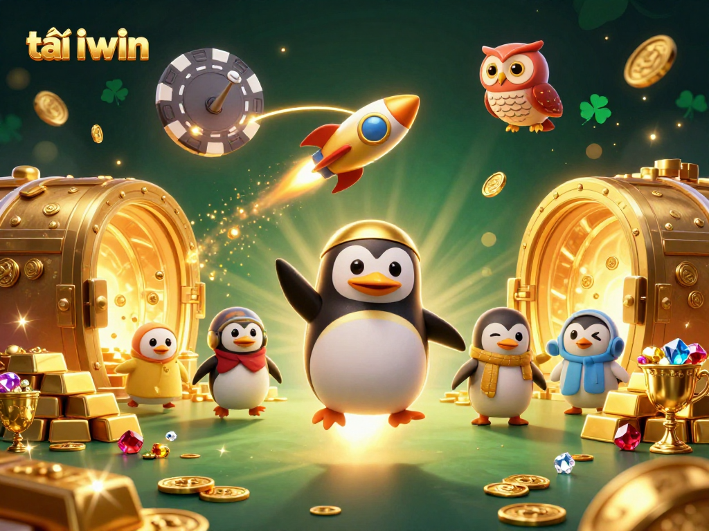 Experience the thrill of tải iwin with a golden penguin racing to a casino space station.