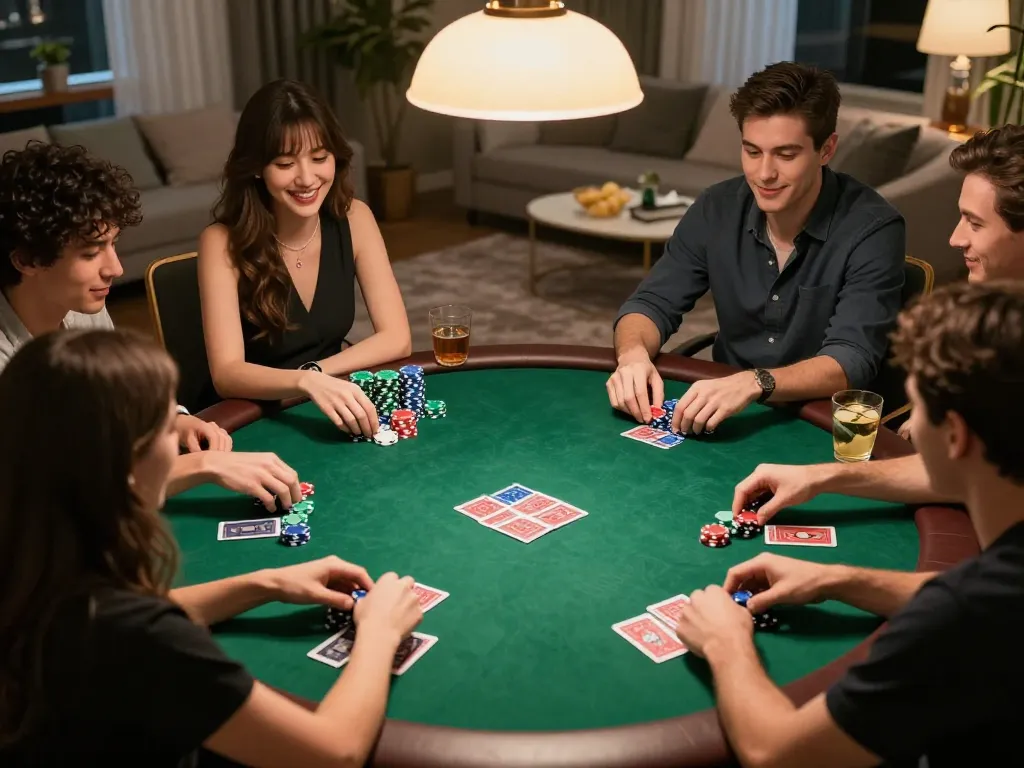 Friends enjoy a lively poker night with 79king as they strategize and play cards together.