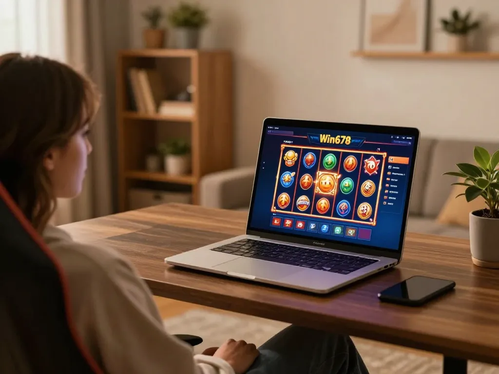 Engaging in online gambling with Win678 on a stylish laptop at home.