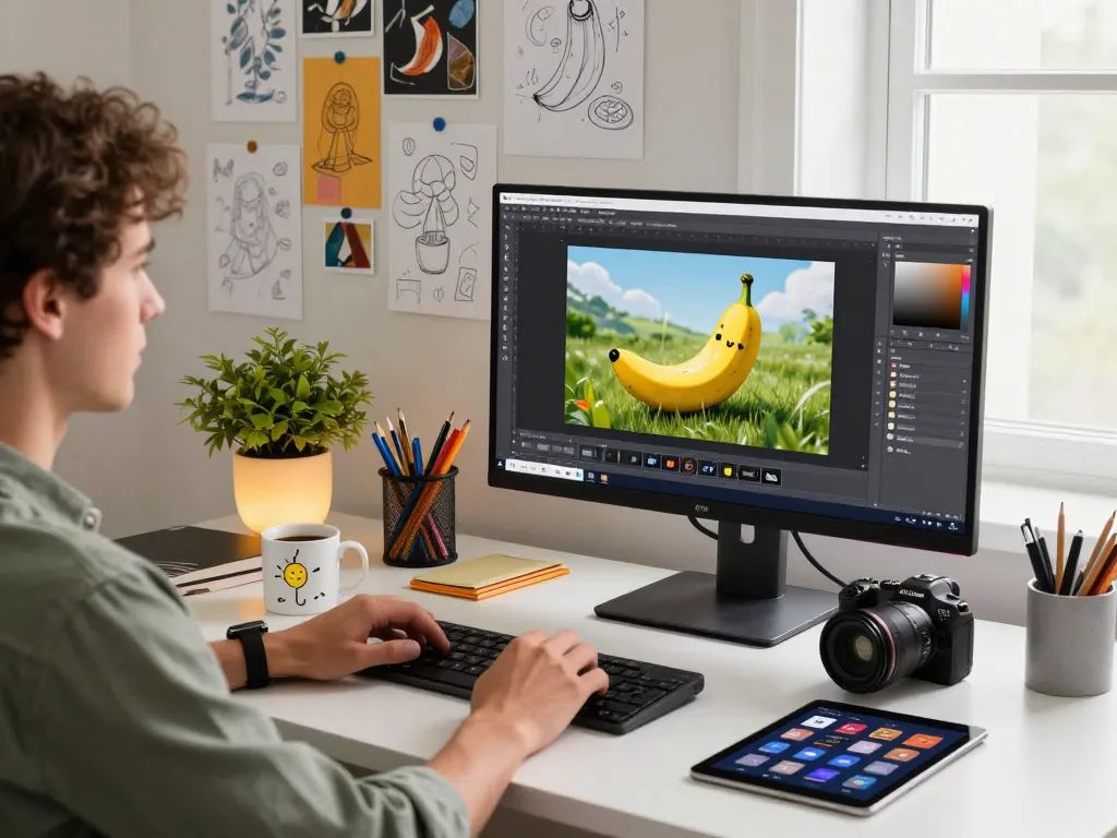 Designer using nano banana pro within a creative workspace, showcasing AI-generated images and vibrant design elements.