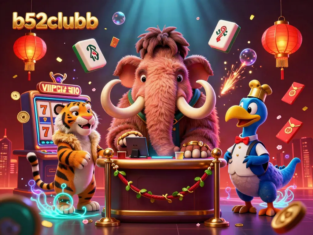Engage with b52clubb's vibrant online casino scene featuring dynamic characters and slot elements.