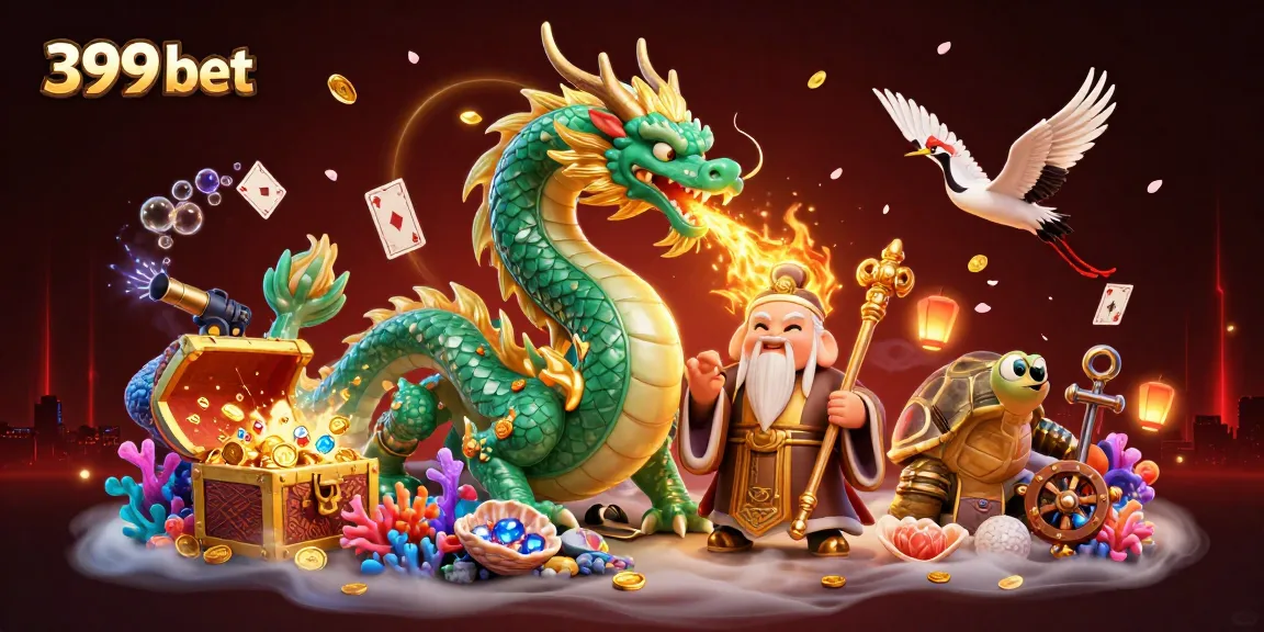Engaging 399 bet illustration showcasing a jade dragon, turtle sage, and lucky cranes amidst vibrant casino elements.