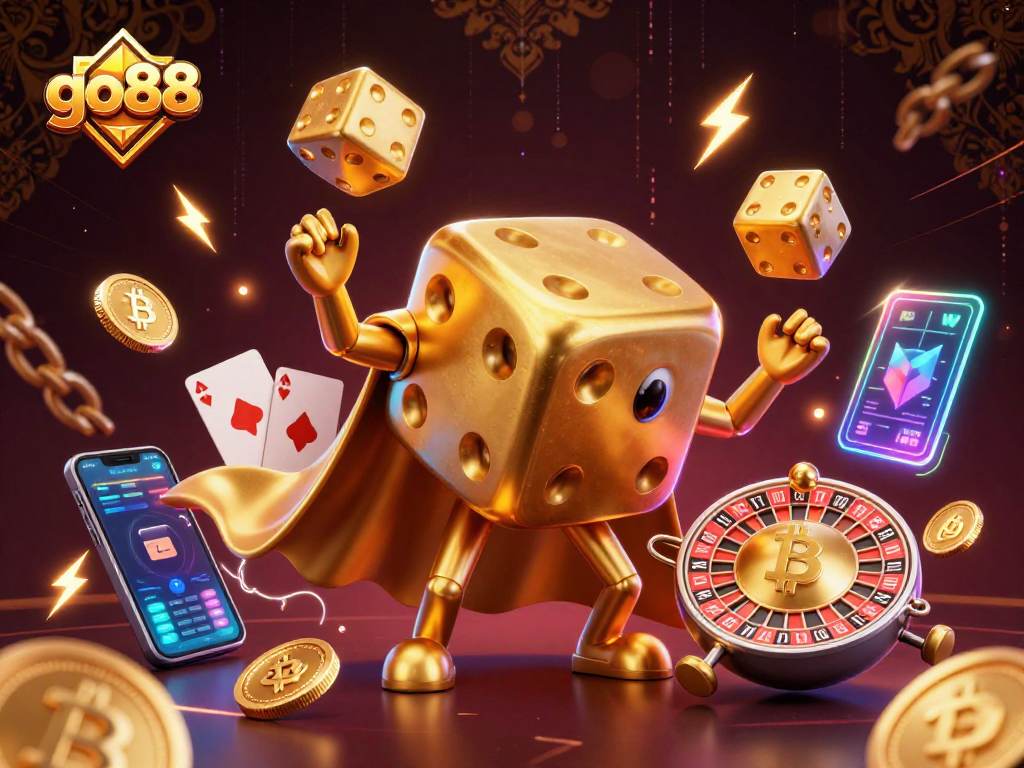 Experience top thrills with go88’s vibrant 3D casino illustration featuring golden dice and crypto icons.
