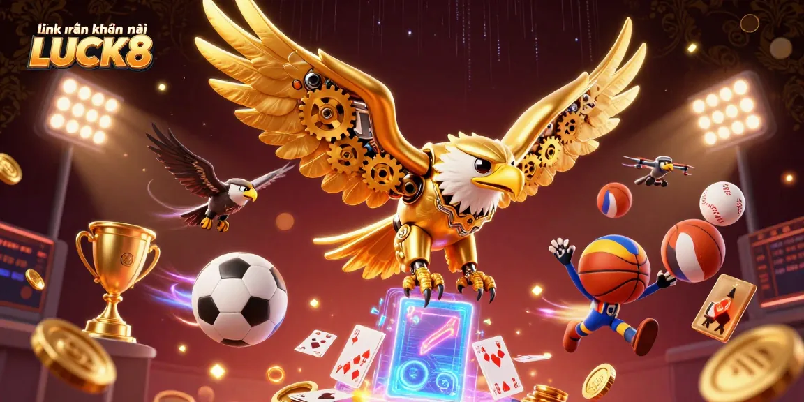 Bet on success with link nhận khuyến mãi LUCK8, featuring a dynamic scene of a golden eagle diving through holographic cards and sports elements.