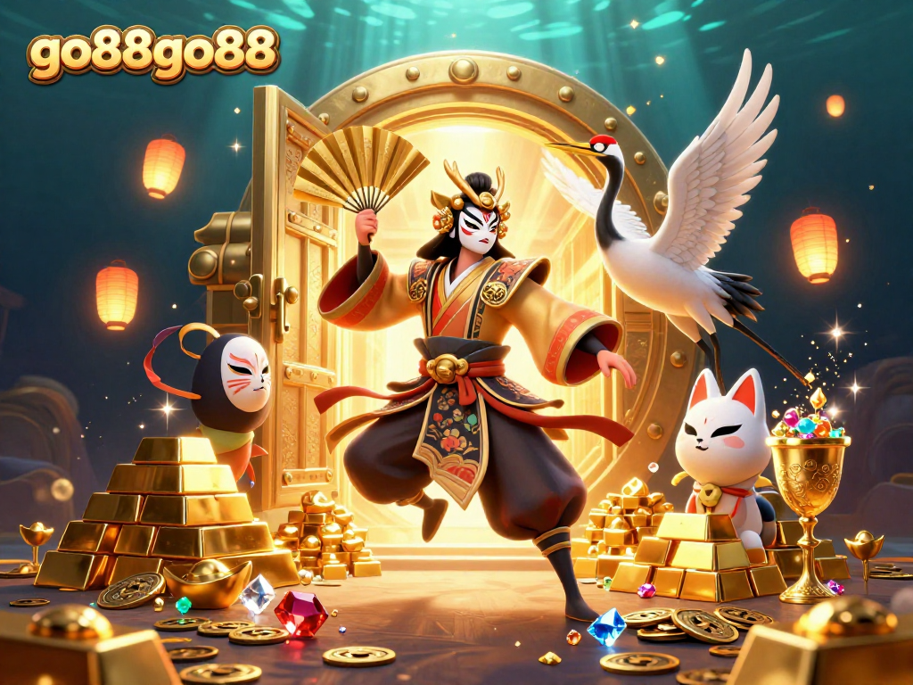 Engage with the vibrant world of go88go88, showcasing a kabuki warrior amidst a treasure-filled casino scene.