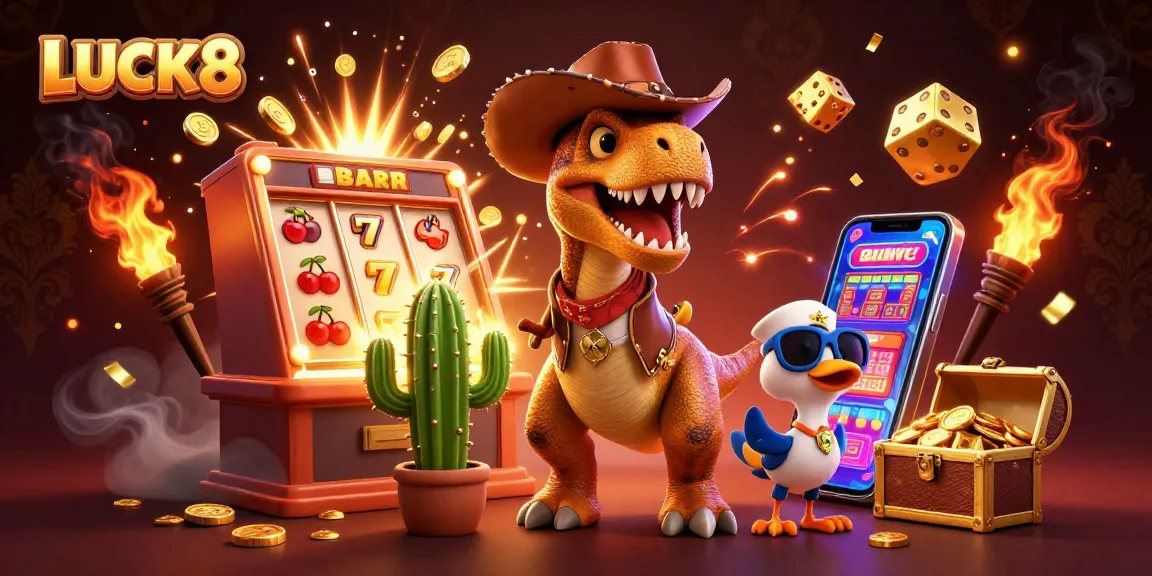 LUCK8 jackpot scene with a cowboy dinosaur and dynamic casino elements, showcasing excitement in gaming.