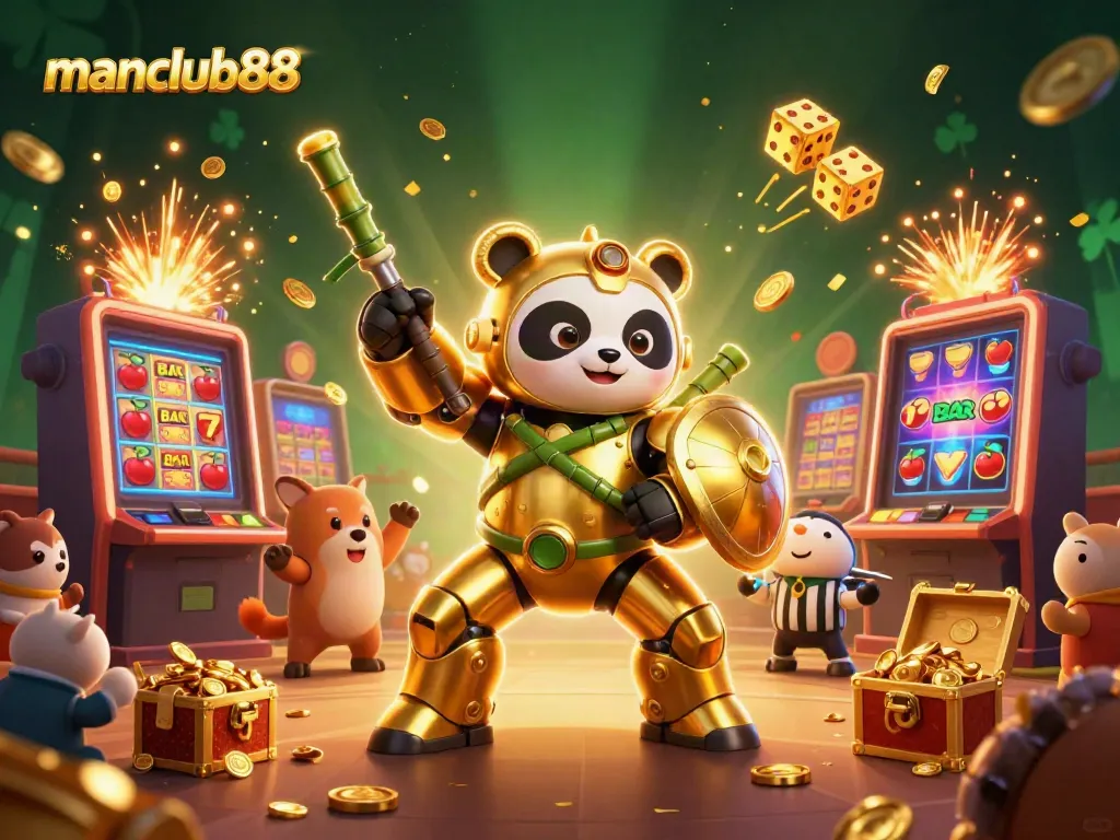 Experience thrilling gameplay with manclub88 in an action-packed 3D casino illustration featuring a mech-suit panda and vibrant gaming elements.