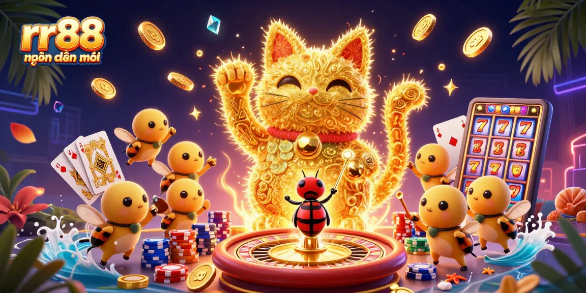 Experience rr88 hiện đang mở with a vibrant lucky cat and exciting casino elements in this detailed 3D illustration.