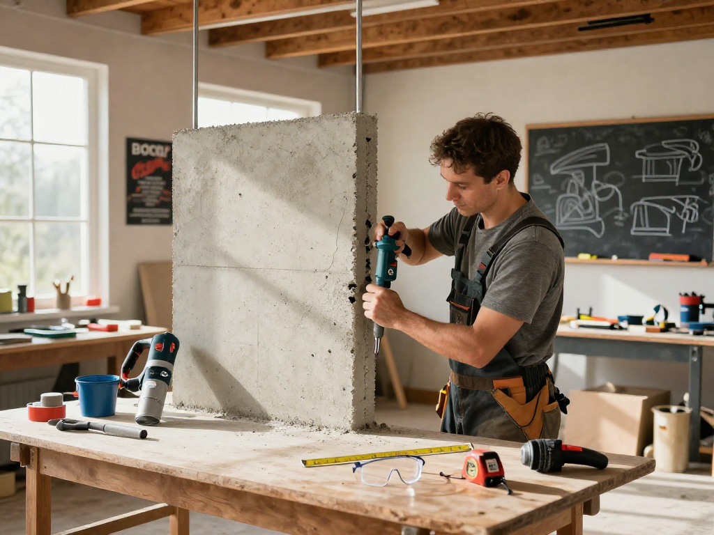 Skilled tradesperson using a Bosch wall chaser in a well-lit workshop, showcasing precision in home improvement