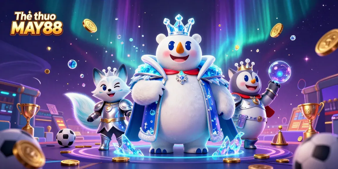 Engage in Thể thao MAY88 sports betting excitement with illustrated 3D characters and casino elements.