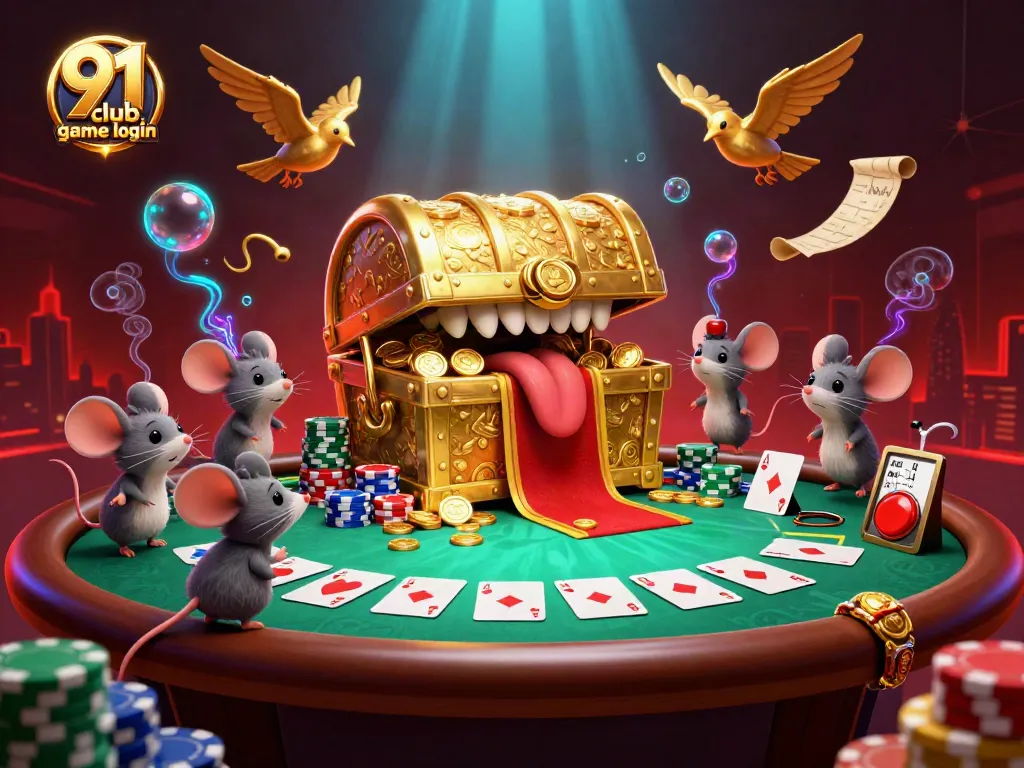 Engage in the 91 club game login with a dynamic scene featuring treasure and poker elements.