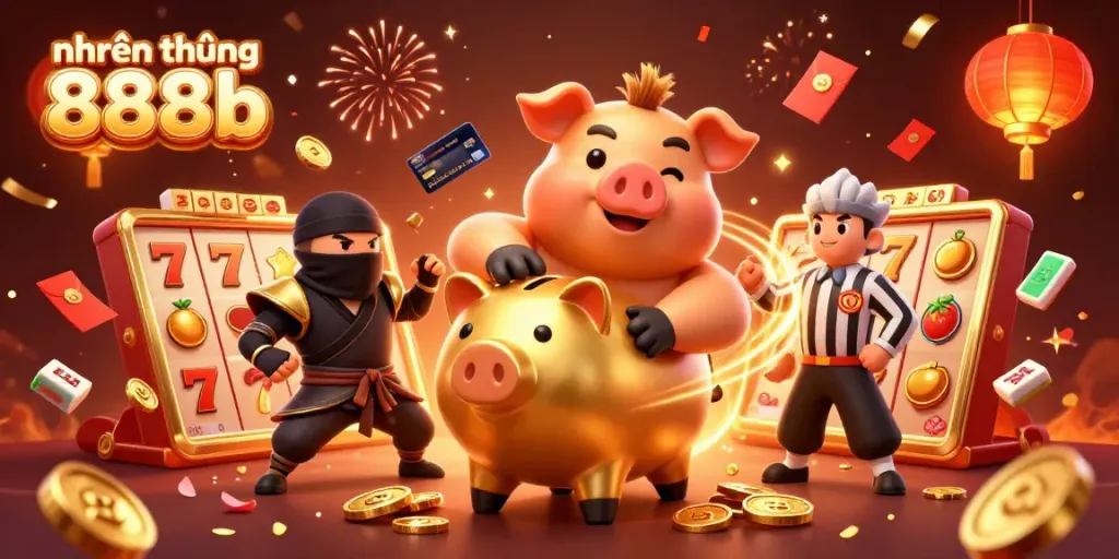 Experience winning moments with nhận thưởng 888b featuring a playful piggy bank wrestler and dynamic casino elements.